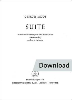 Suite en trois mouvements pour deux flutes douces (dessus et alto) ou flute et clarinette 