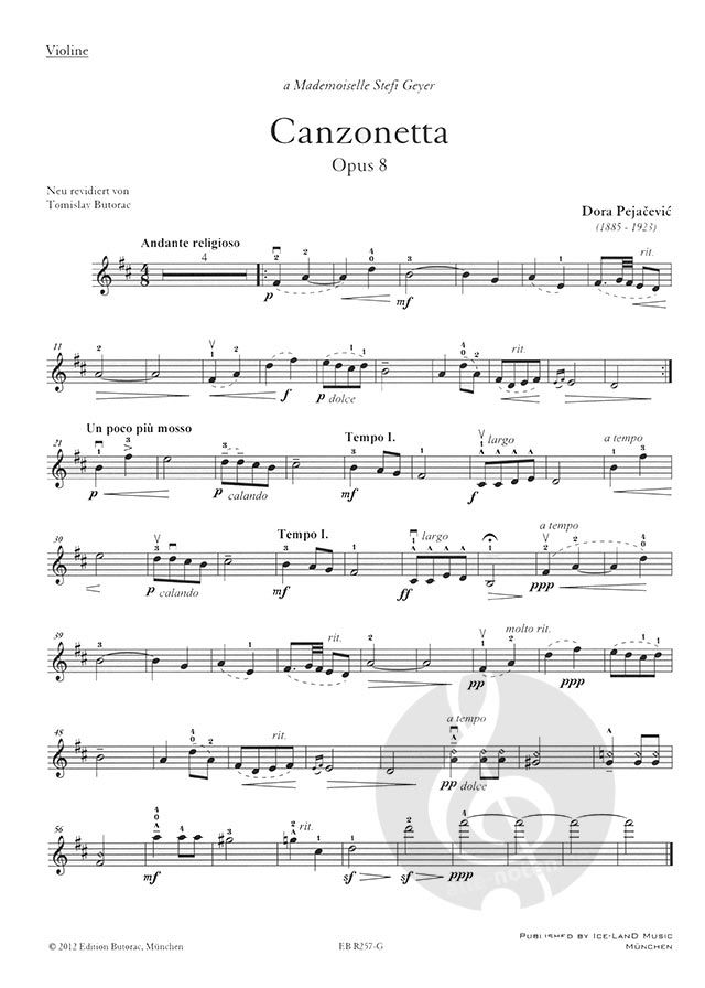 Canzonetta opus 8 by Dora Pejacevic » Sheet Music for Violin