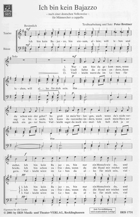 Ich bin kein Bajazzo (Peter Brettner) » Sheet Music for Men's Choir