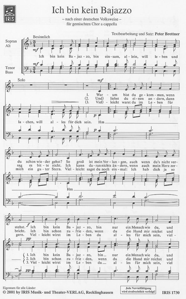 Ich bin kein Bajazzo (Peter Brettner) » Sheet Music for Mixed Choir